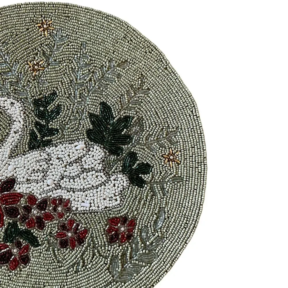 Tahari Beaded Swan Floral  Placemat Charger 15in Round Mossy Green New